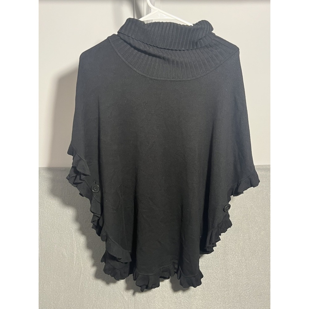 Joseph A. Women's Black Ribbed Turtleneck Poncho Sweater with Ruffle Trim Size S